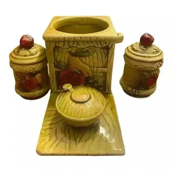 Vintage Lefton Apple & Pear Salt and Pepper Shaker with Small Canister - Picture 2 of 4